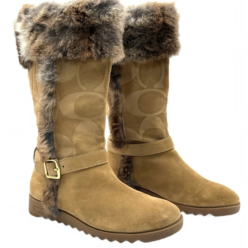 Coach Deeann Tan Suede Rabbit Fur Trim Designer Winter Boots Women’s 7 Luxury